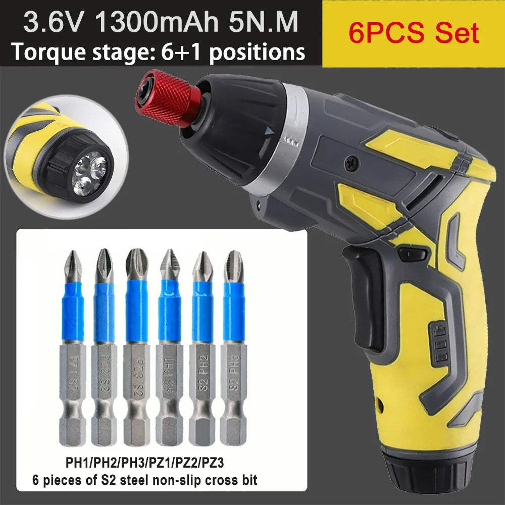 Compact Rechargeable Cordless Screwdriver — 4.2V (3.6V), 6 N·m Torque, 1300mAh, 250 RPM