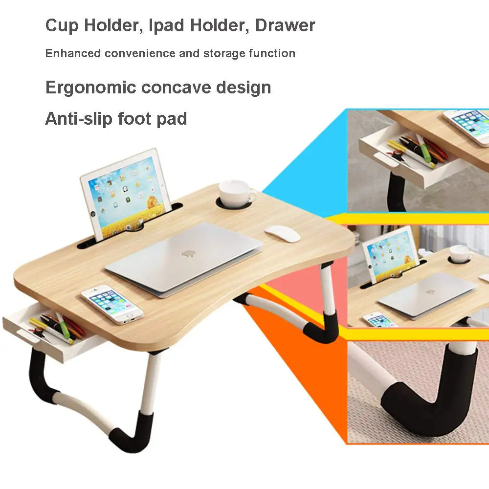 Adjustable Laptop Lap Desk 23" (58 cm) Walnut, Portable Bed Tray with Storage, Built-in Cup & Tablet Holder for Couch & Floor