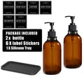 500ml (16.9 fl oz) Amber Refillable Pump Bottle Set with Black Label Stickers - Shampoo, Shower Gel & Liquid Soap Dispensers for Bathroom & Kitchen