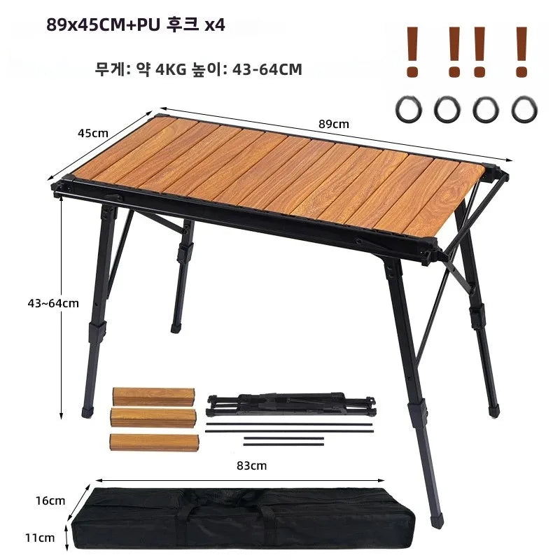 Folding IGT Camping Table – Portable Aluminum Frame with Wood-Grain Top, Adjustable Height 38–55 cm (15–22 in), 95×45 cm Surface (37×18 in) – Compact Foldable Picnic & BBQ Table