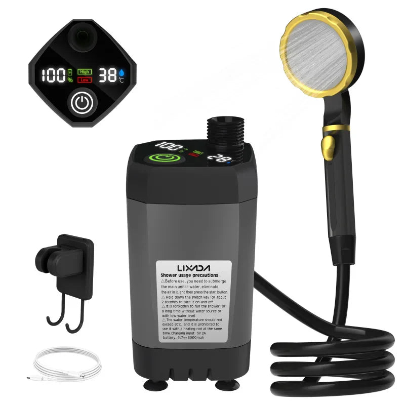6000mAh Portable Camping Shower Pump with Full Screen Digital Display — RV Outdoor Shower Kit