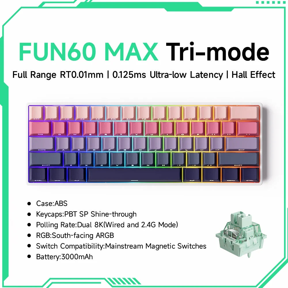 Magnetic Switch 60% & 65% Mechanical Gaming Keyboard - Rapid Trigger RT, 8K Polling, Hot-Swappable, RGB, Tri-Mode USB-C/BT/2.4G