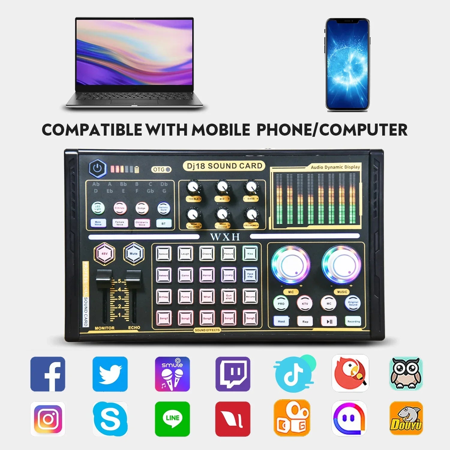 External Sound Card Studio Mixer with Noise-Reduction Microphone for Live Streaming, TikTok, Podcasting