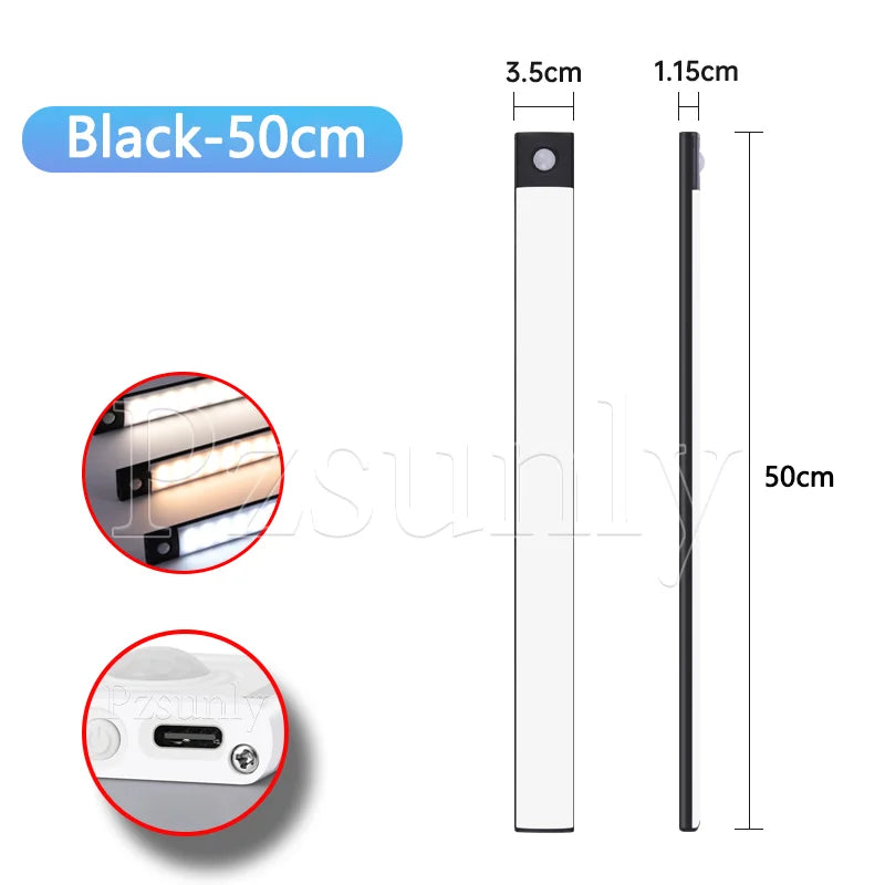 USB Rechargeable LED Motion Sensor Bar Light — Dimmable 3-Color Under-Cabinet Night Light, 10/20/30/40/50 cm (4–20 in)