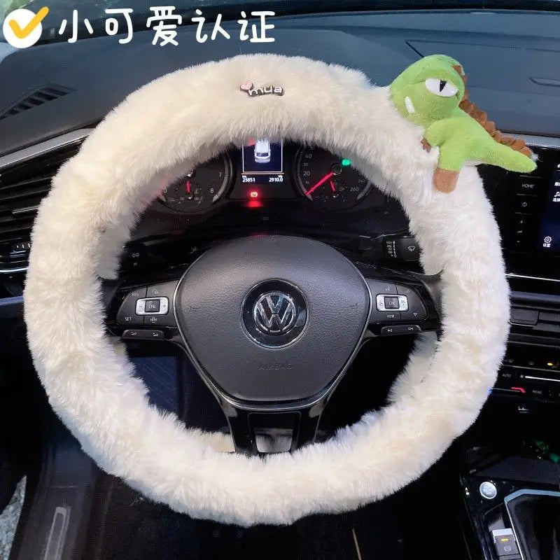 Cute Cartoon Fur Steering Wheel Cover Winter Warm Car Handle Cover for Women