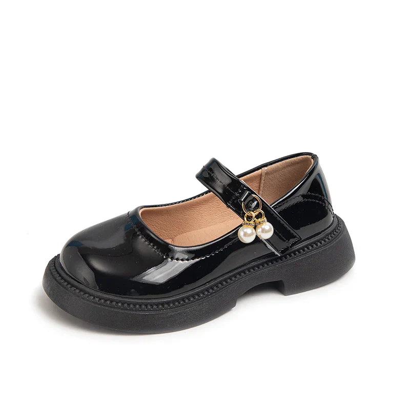 Girls PU Leather Mary Jane Flats with Pearl Pendant – Black Princess Dress Shoes, EU 26-36