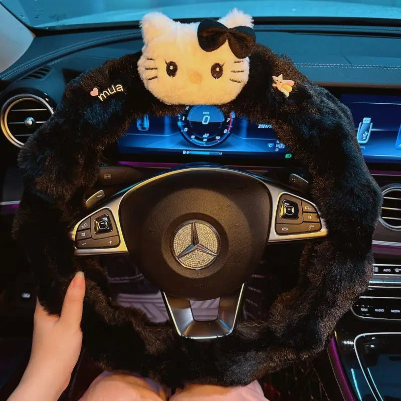 Kawaii Cat Plush Steering Wheel Cover – Winter Warm Soft Car Wheel Cover, Cute Interior Accessory