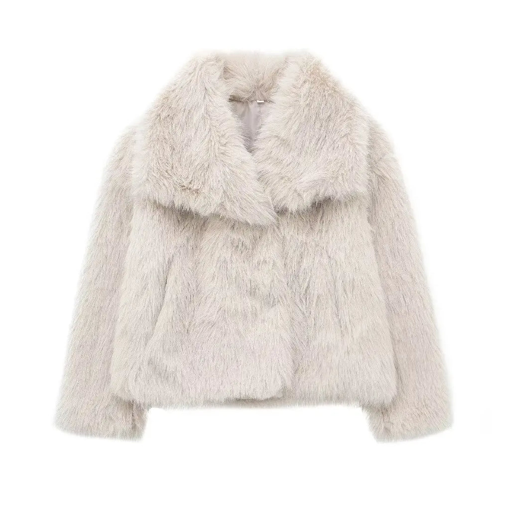 Cropped Faux Fur Jacket for Women – Long Sleeve Snap-Button Lapel Collar Thick Winter Coat