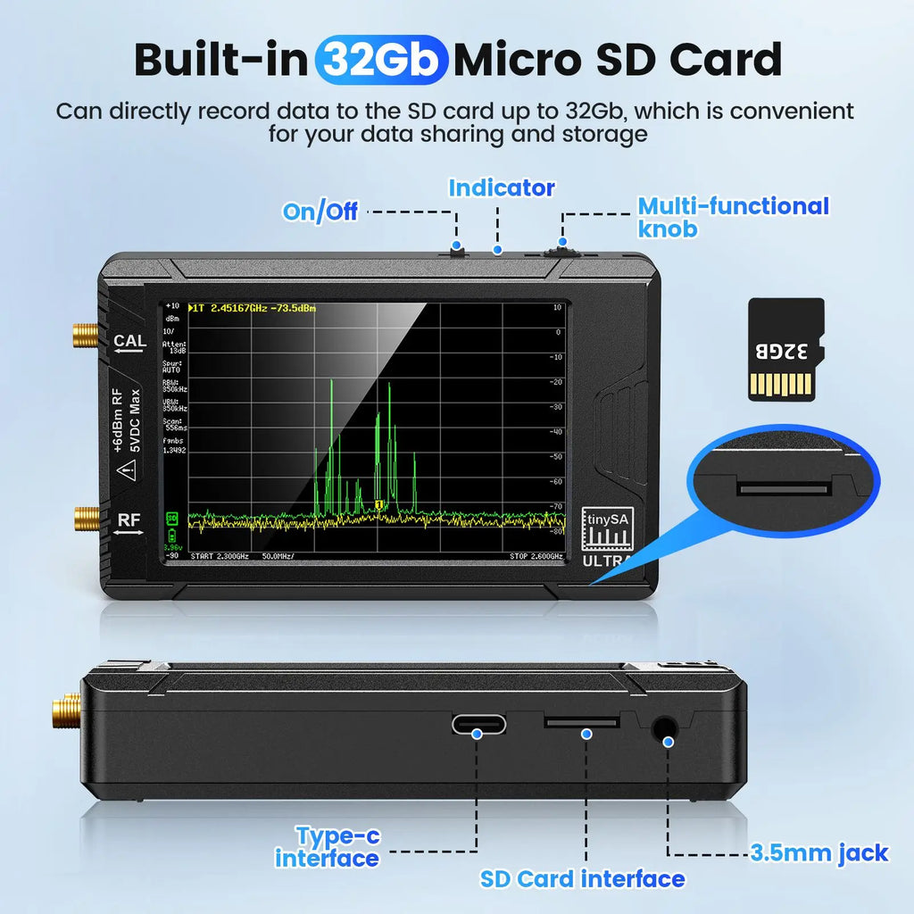 Handheld Spectrum Analyzer 4-inch (10.2 cm) Display 100 kHz–5.3 GHz with 32GB microSD, SMA Antenna & Network LAN Tester