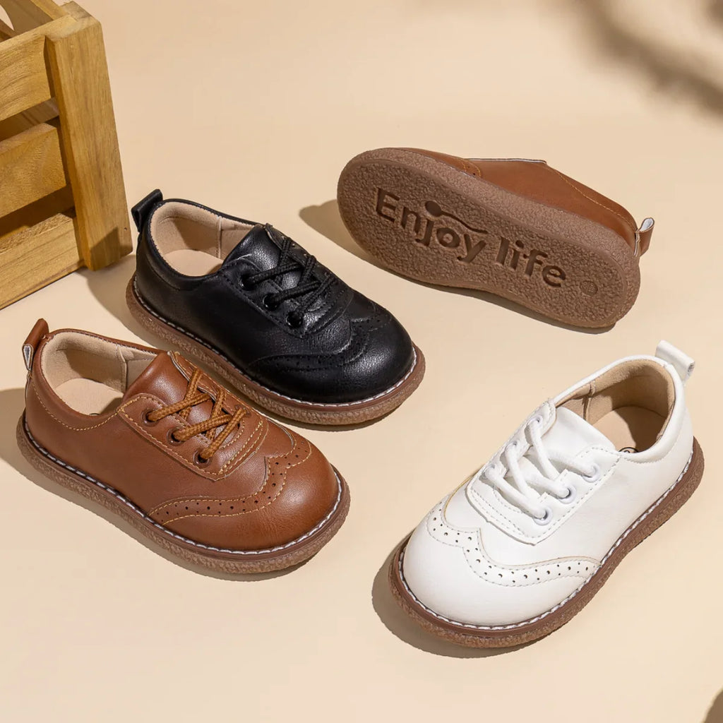 Kids Retro Leather Lace-Up Shoes – Breathable Anti-Slip Rubber Sole Flats (Ages 3–12)