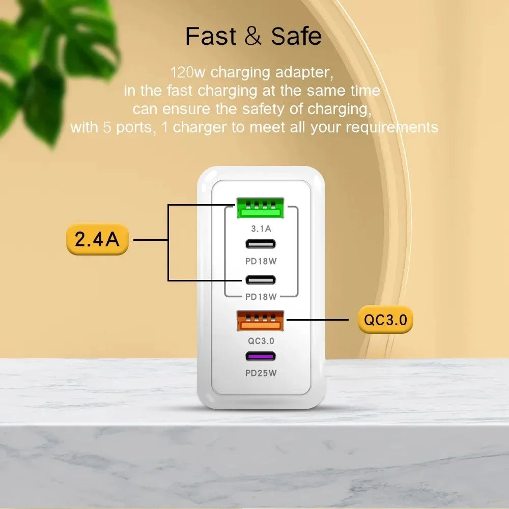 5-Port 120W USB-C PD Fast Wall Charger (3×USB-C + 2×USB-A) — Multi-Device Fast Charging for Smartphones & Tablets