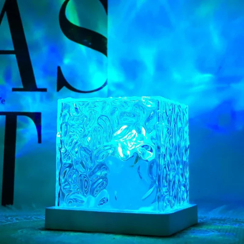 16-Color Rotating Water Ripple Projector Night Light - Dynamic Mood Lamp with Acrylic Crystal Wood Base for Home Decor