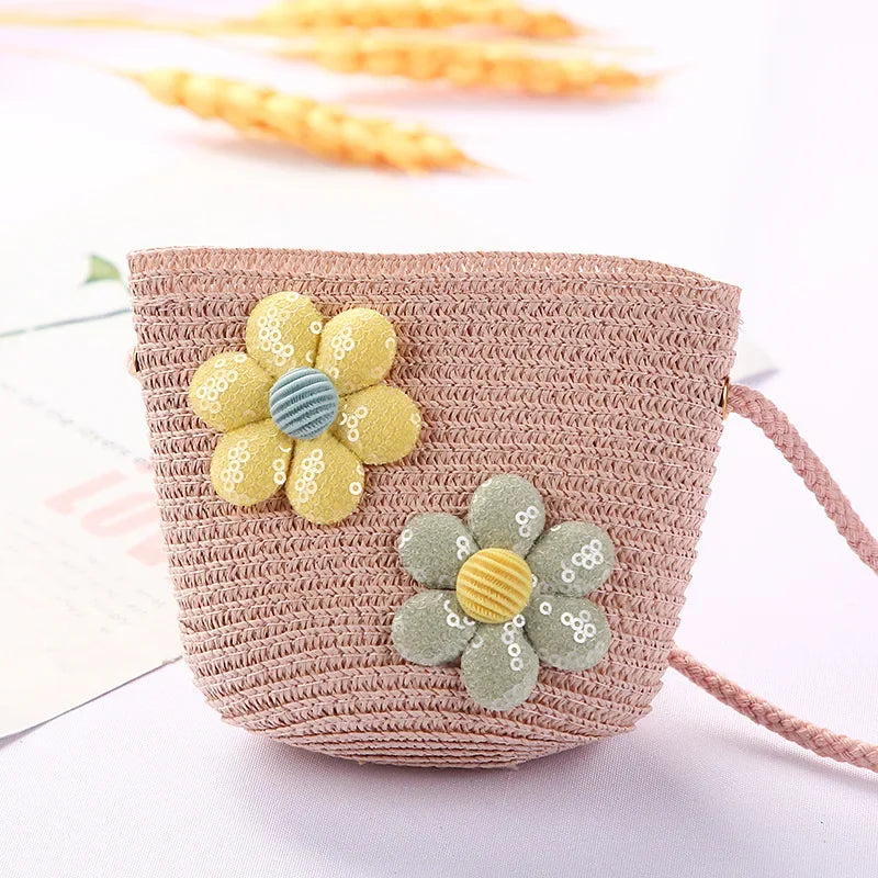 Girls Daisy Straw Mini Messenger Bag, Kids Shoulder Handbag with Coin Purse