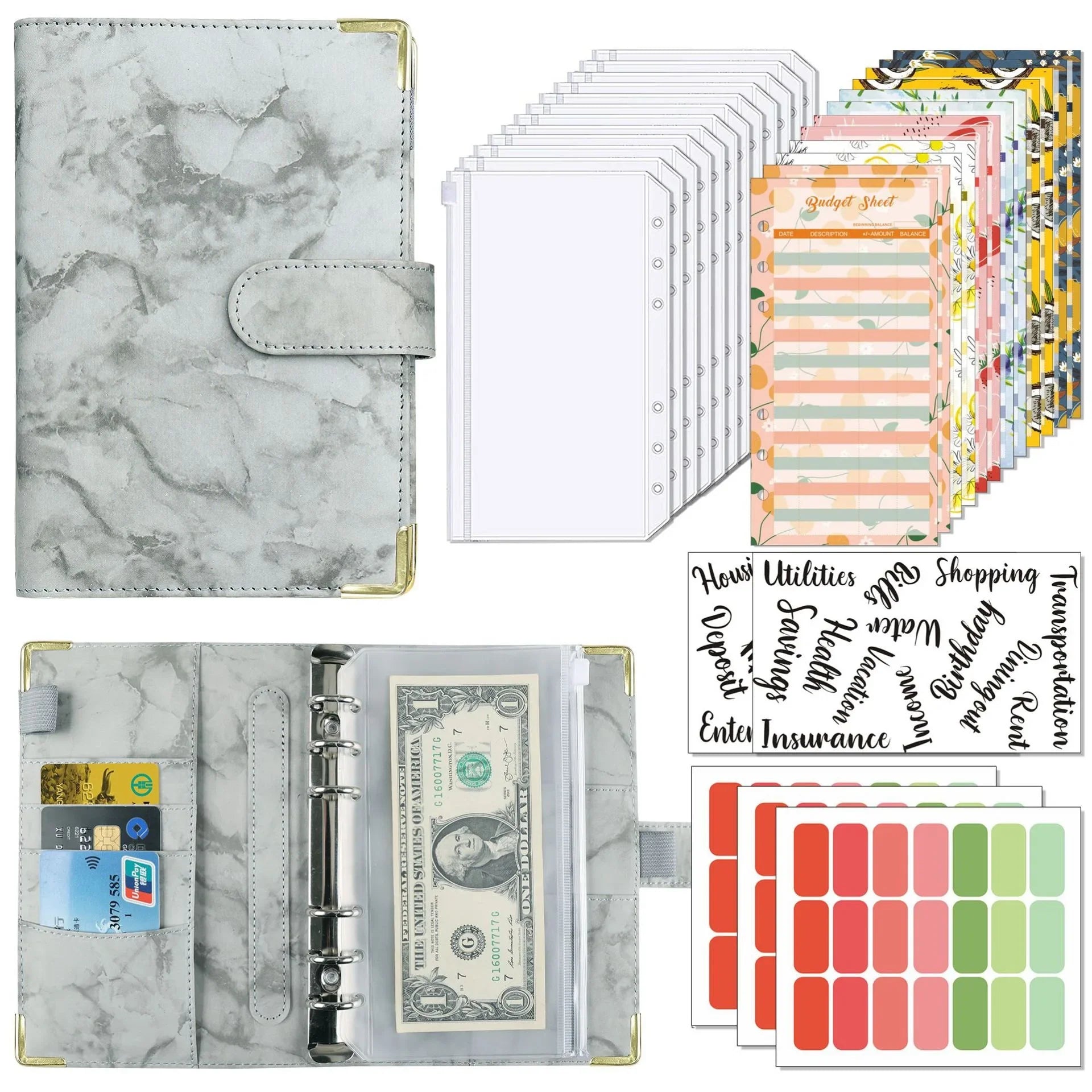 A6 Budget Binder Wallet Organizer — 12 Cash Envelopes, 12 Budget Sheets & 5 Label Stickers (7.84 x 5.2 in / 199 x 132 mm)