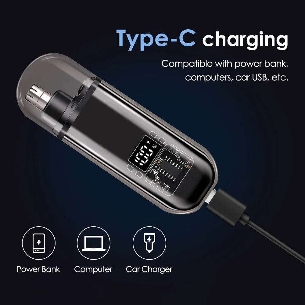 Portable USB‑C Rechargeable Nose & Ear Hair Trimmer — Compact 3‑in‑1 Facial Groomer for Men & Women, Detachable Washable Head, LED Display