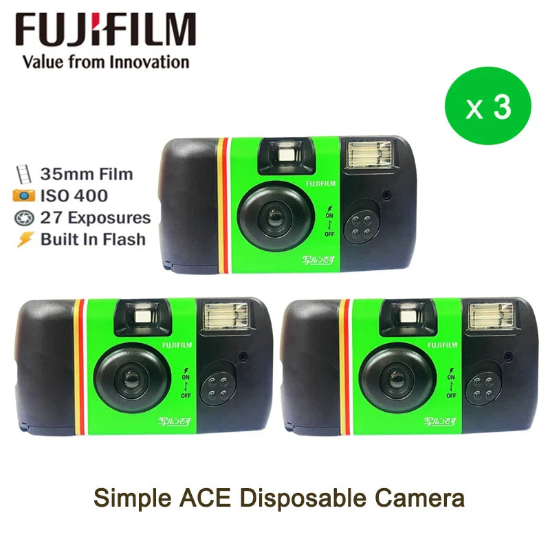 Single-Use Disposable Film Camera with Built-In Flash — 27 Exposures, ISO 400, 32mm Lens