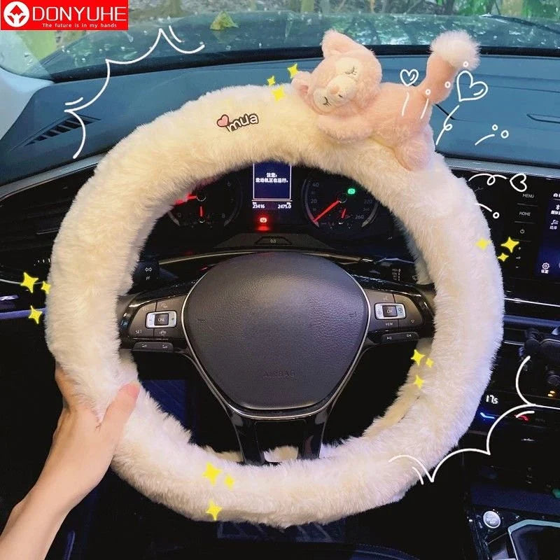 Cute Cartoon Fur Steering Wheel Cover Winter Warm Car Handle Cover for Women