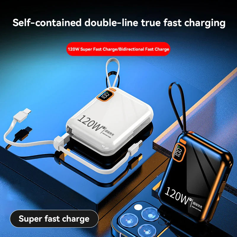120W 50000mAh Portable Power Bank - Built-in Cables, LED Display & Flashlight, Two-Way Fast Charging for iPhone Samsung