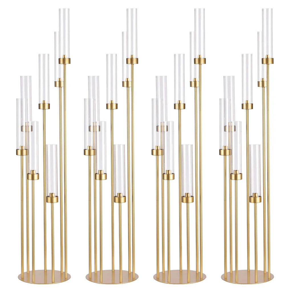 4-Pack 7-Arm Gold Floor Candelabra, 48 in (122 cm) Tall Metal Wedding Centerpiece with Removable Acrylic Shades