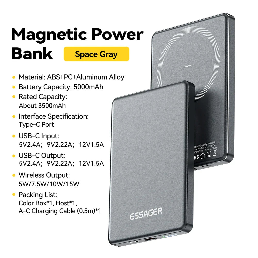 Magnetic 20W Wireless Power Bank 5000mAh — Thin Portable Fast USB-C Charger for Smartphones