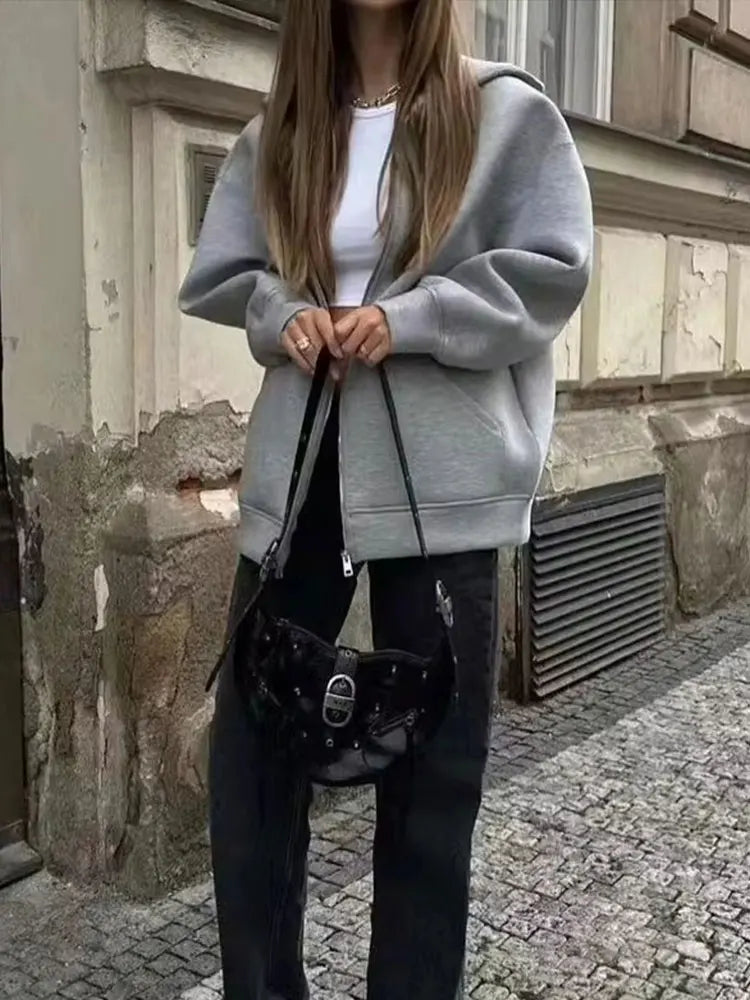 Women's Gray Hooded Zipper Jacket with Large Pockets Loose Long Sleeve Casual Coat