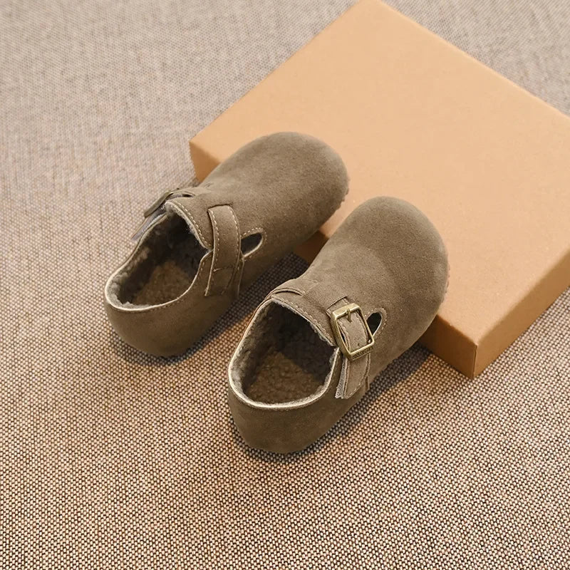 Kids Winter Suede Moccasins – Non-Slip Soft Sole Flat Shoes for Boys & Girls (Ages 3–12)