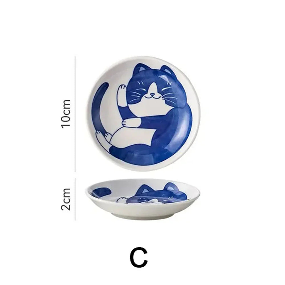 Japanese-Style Ceramic Lucky Cat Sauce Dish - Cute Dessert & Sushi Plate (1 or 4-Pack)