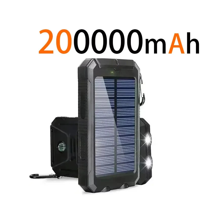 200000mAh Waterproof Solar Power Bank 20W Dual USB Portable Charger with LED Display & Flashlight for Camping