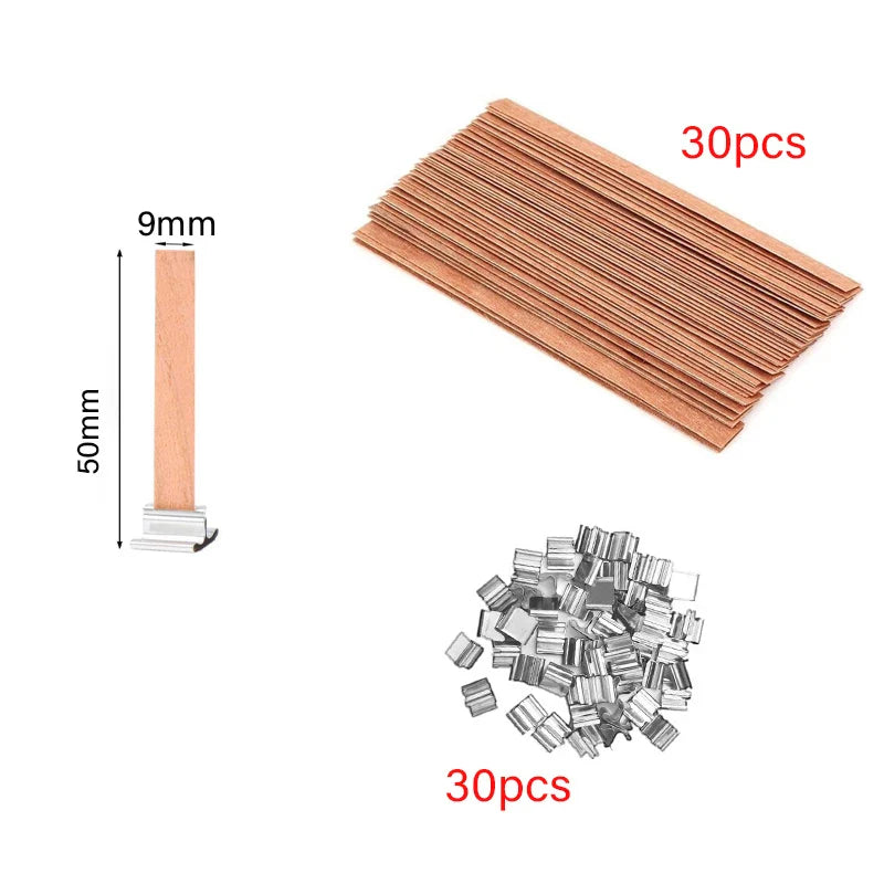 30/50-Pack Cherry Wood Candle Wicks with Metal Clip Bases – Smokeless Wooden Wicks for DIY Jar Candles