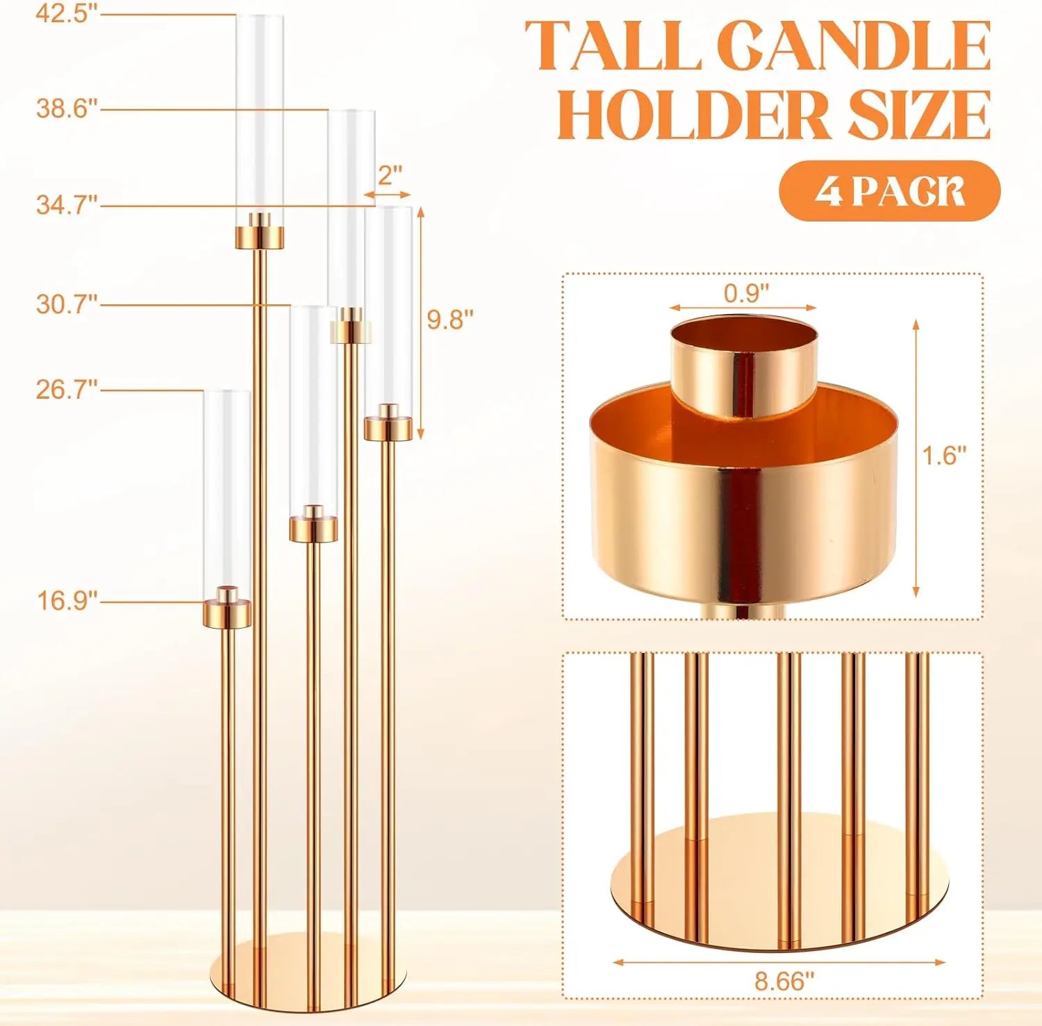 5-Arm Floor Candelabra 42.5 in (108 cm) Gold Metal Candle Holder Centerpiece with Removable Acrylic Shades