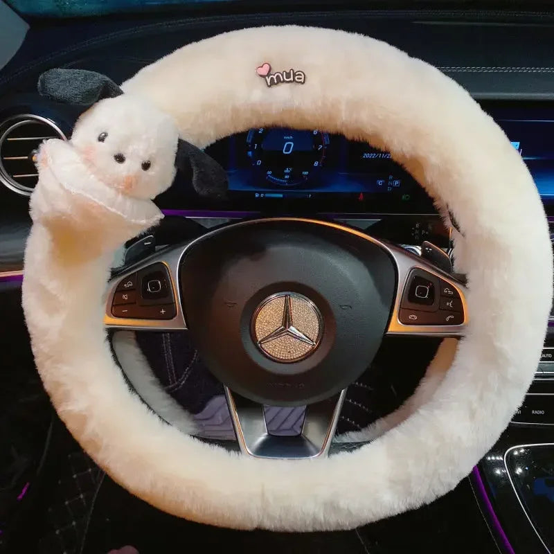 Kawaii Cute Dog Cartoon Steering Wheel Cover 15 in (38 cm) Plush Anti-Slip Warm Car Interior Accessory