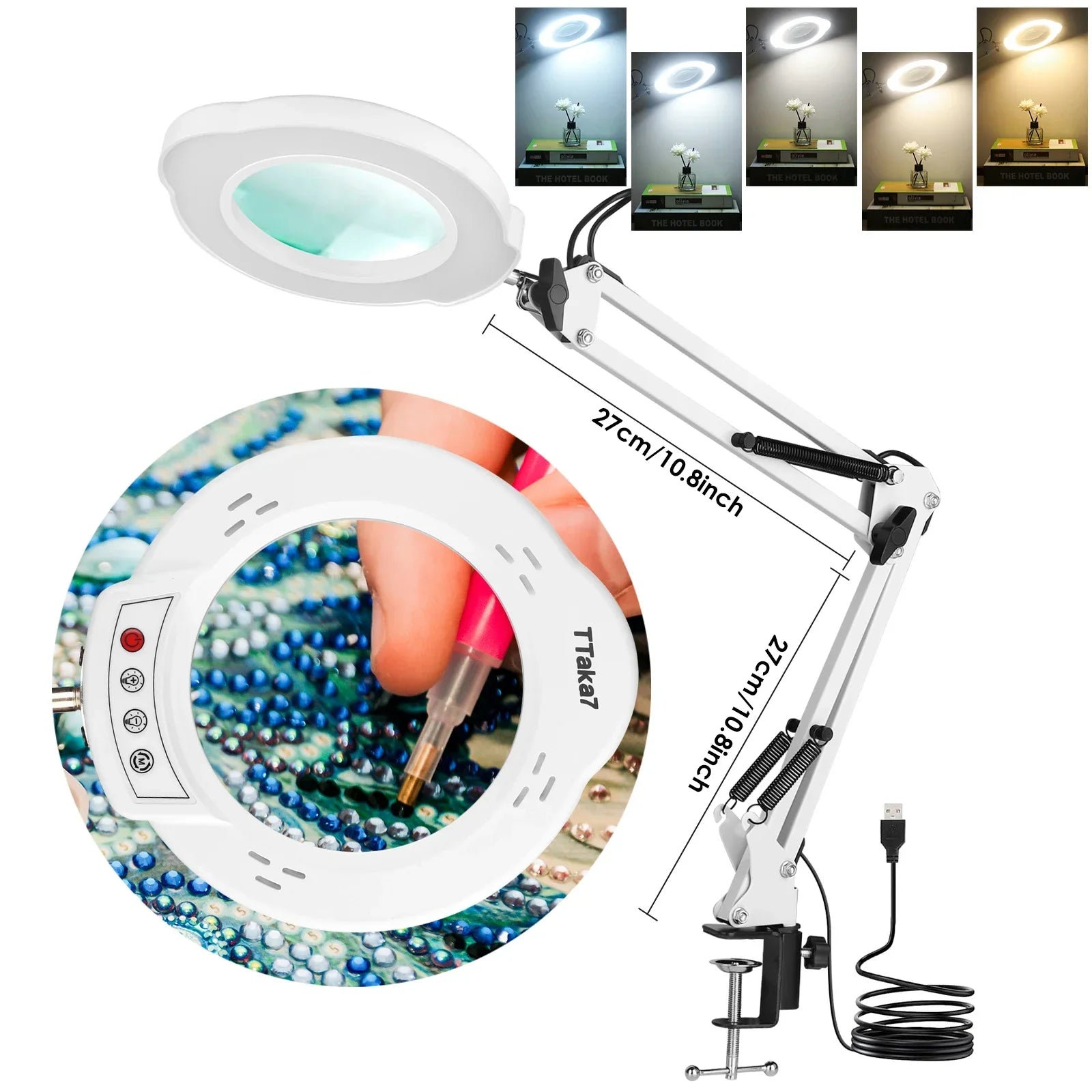 72-LED 8X/10X USB Illuminated Magnifying Glass Lamp - 4.2 in (106 mm) Lens, 3-Color Dimmable LED, Adjustable Arm & Clamp for Soldering, Crafts, Skincare