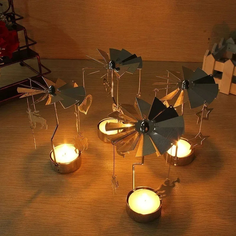 Spinning Metal Carousel Tea Light Candle Holder, Rotating Christmas Candelabra for Home Decor (3.15 x 5.12 in / 8 x 13 cm)