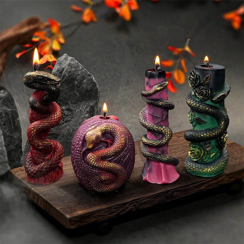 Snake Silicone Candle Mold - Column Candlestick Mold with Coiled Snake, Egg & Rose Relief for DIY Candles & Gypsum Decor