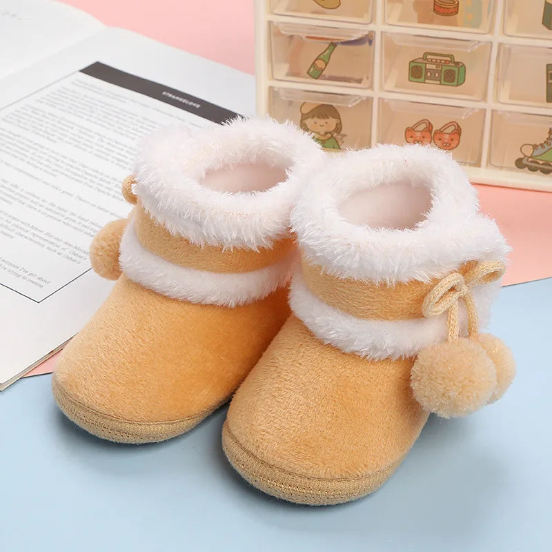 Baby Soft Pompom Snow Booties - Warm Infant & Toddler First Walker Boots, Sizes 12-14 (4.3-4.9 in / 11-12.5 cm)