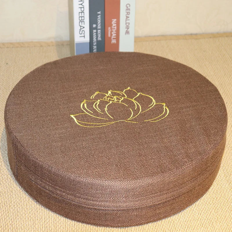 Round Linen Meditation Cushion 40 x 6 cm (16 x 2.4 in) - Firm Lotus Texture Floor Seat Pillow, Removable Washable Cover, Tatami Backrest