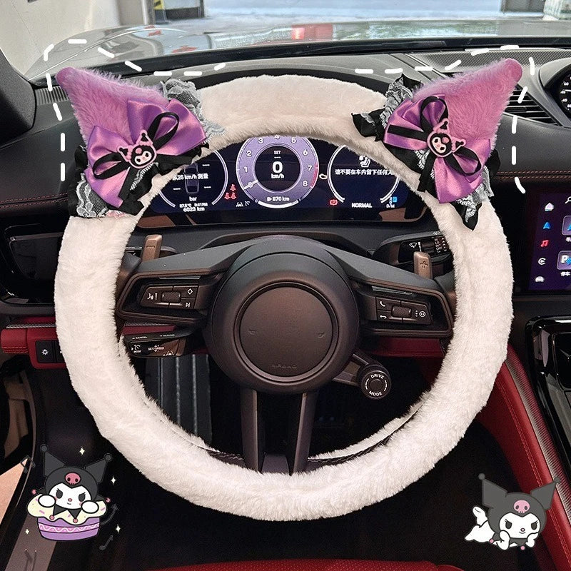 Kuromi Plush Steering Wheel Cover Soft Warm Anti-Slip 38cm (15 in) Car Accessory for Girls