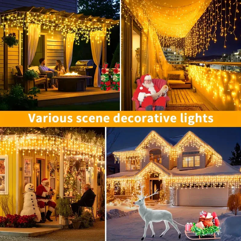 Solar Icicle Curtain Lights — 162/96 LED, 8 Modes, IP65 Waterproof, 9m/6m (29.5ft/19.7ft) Outdoor Christmas Fairy String Lights