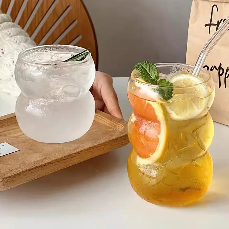 Wave Ripple Glass Tumbler - Transparent Iced Coffee & Milk Tea Cup, 280 ml (9.5 fl oz) & 530 ml (18 fl oz)