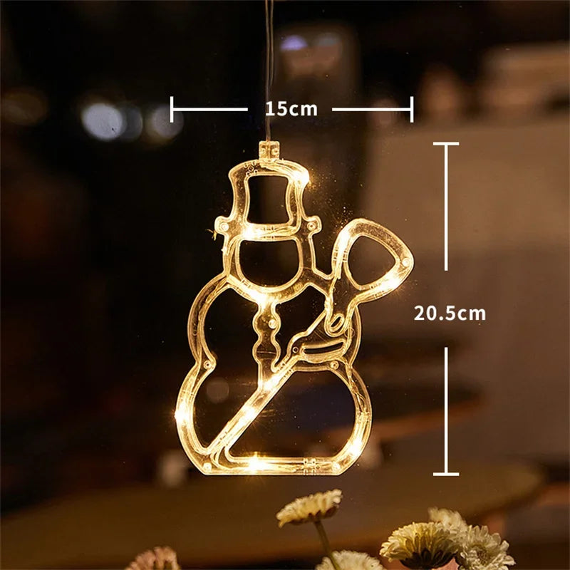 Battery-Operated Christmas LED Snowflake & Santa Hanging Window Ornaments – Warm White Holiday Decor