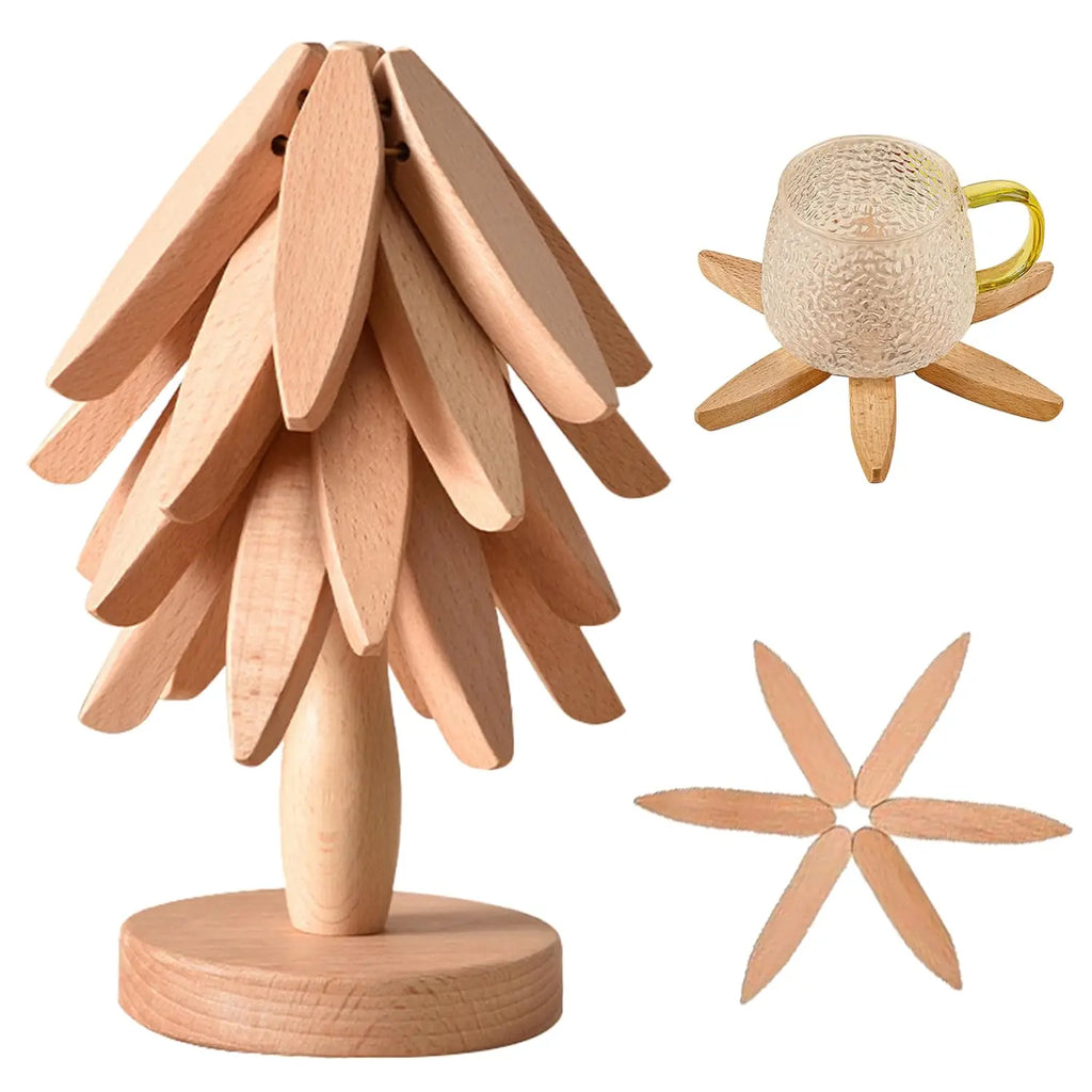 Tree-Shaped Wooden Trivet Set – 4 Foldable Trivets + Stand | Natural Wood Hot Pads for Pots, Teapots & Bowls