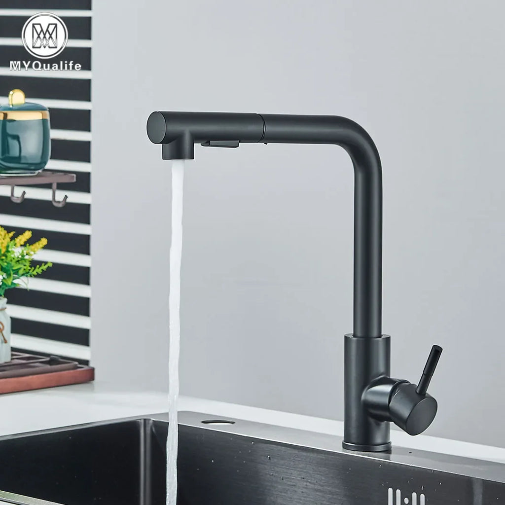 Black Pull-Out Kitchen Faucet Retractable Spray Single-Handle Deck-Mounted Mixer Tap Hot & Cold