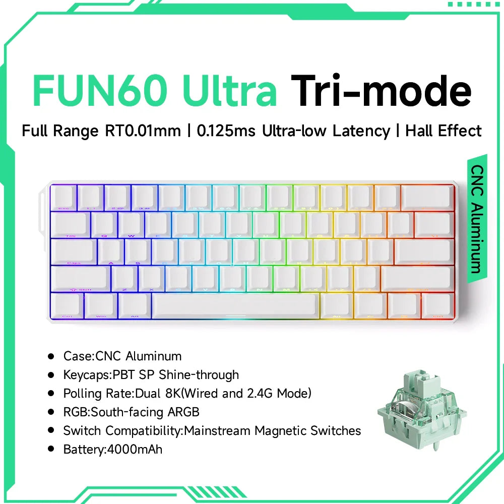 60% Magnetic Hot-Swappable Mechanical Keyboard — Tri-Mode USB-C / Bluetooth 5.0 / 2.4GHz, PBT Doubleshot Keycaps & ARGB Lighting