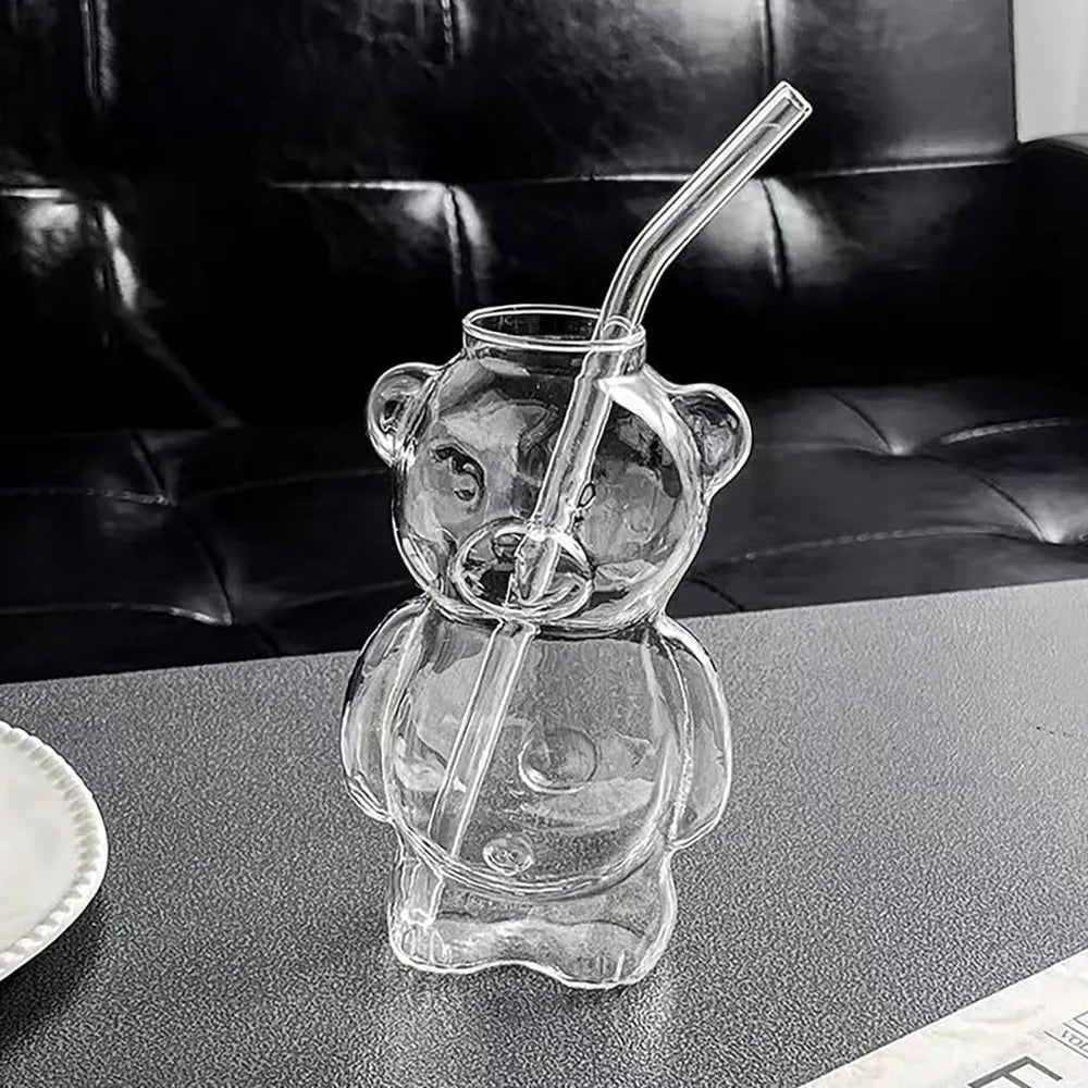 Cute Bear Glass Mug with Straw 320ml (11 fl oz) - Kawaii Cartoon Coffee & Milk Cup