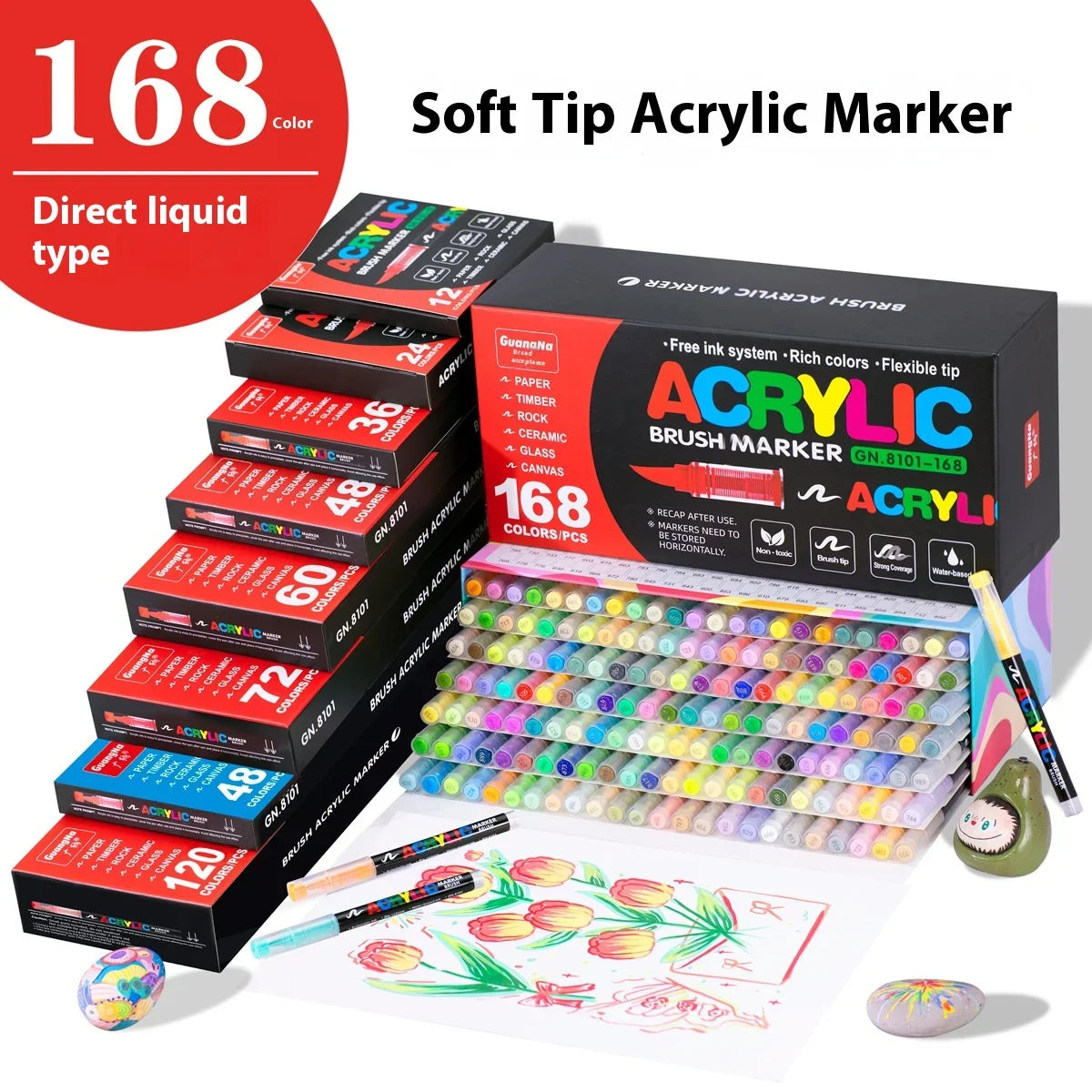 Acrylic Paint Pens Set - Multi-Tip Brush & Marker for Rock Painting, Stone & Ceramic Art (12 to 240 Colors)