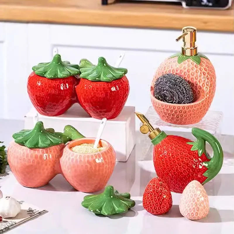 Ceramic Strawberry Oil & Vinegar Cruet - Fruit-Shaped Kitchen Seasoning Jar for Salt, Sugar, Soy Sauce