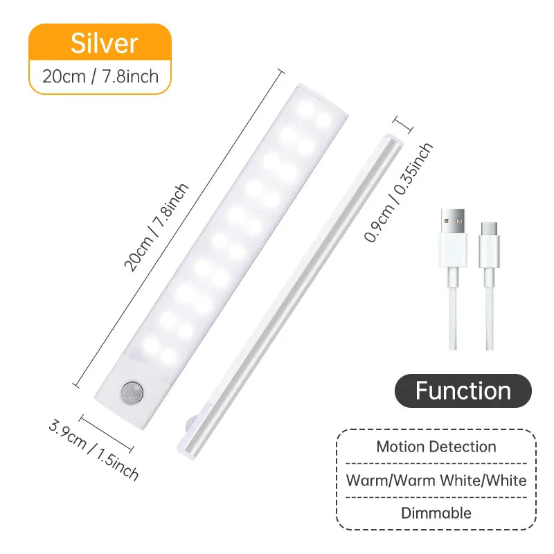 Rechargeable Motion Sensor LED Night Light — USB Wireless Cabinet & Wardrobe Light with Magnetic Mount, 3 Color Temperatures (3000K/4000K/6000K)