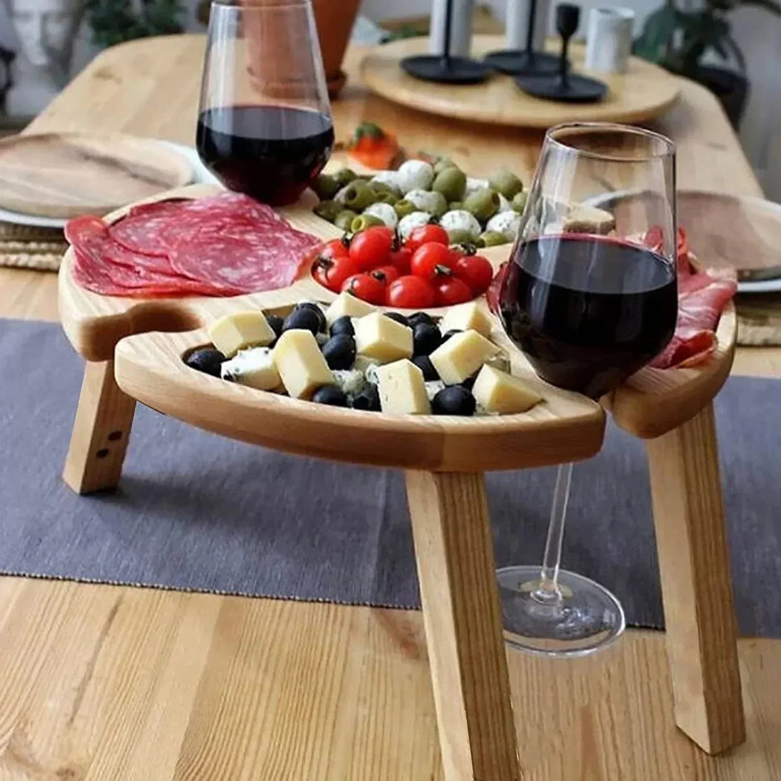Portable Folding Wooden Picnic Table with Wine Glass Holder, Collapsible Snack Tray & Outdoor Side Table