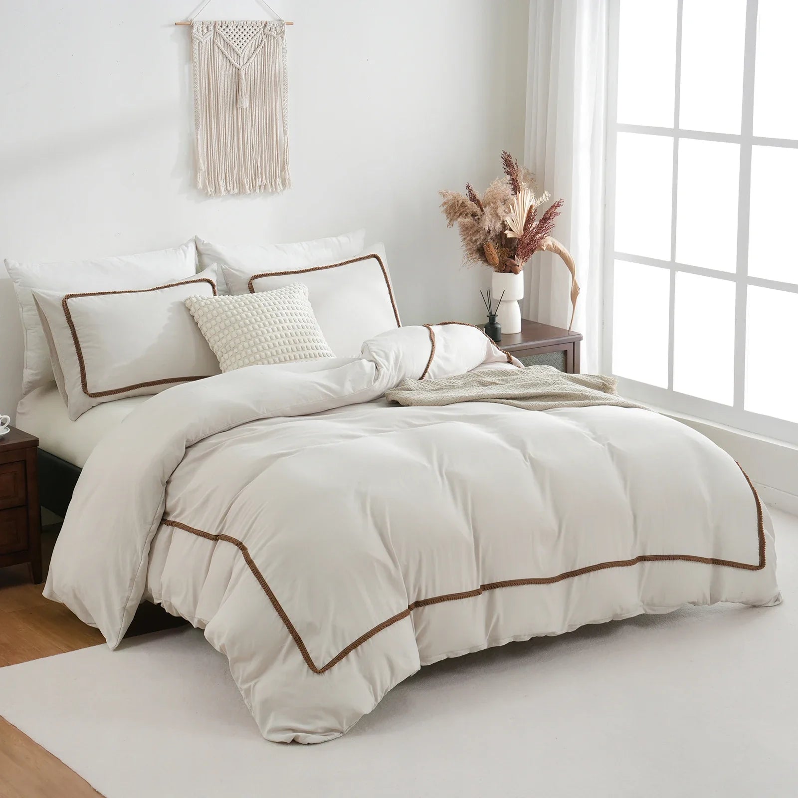 3-Piece White & Khaki Duvet Cover Set - Geometric Line Comforter Cover, Lightweight 100% Polyester, All-Season