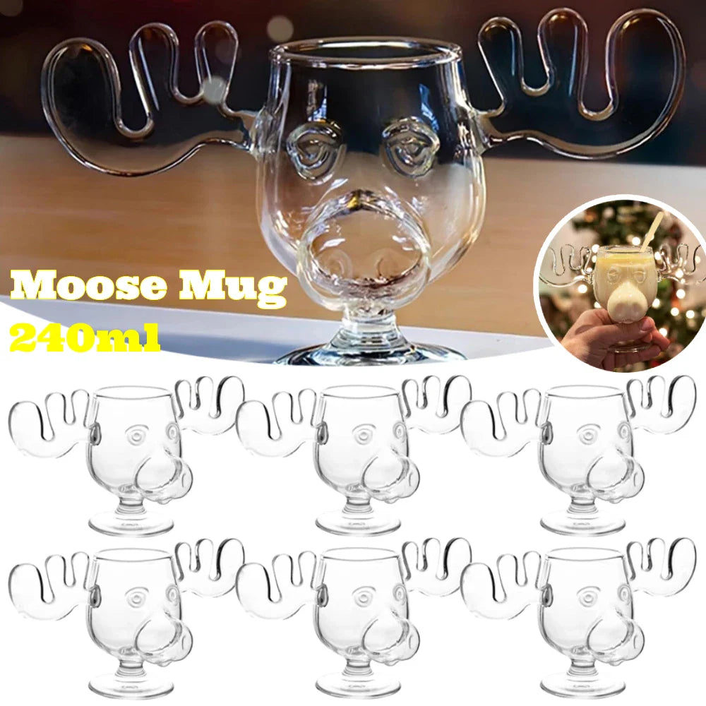 Christmas Moose Glass Mug 8oz (240ml) Reindeer Head Holiday Drinkware 1/2/3-Pack